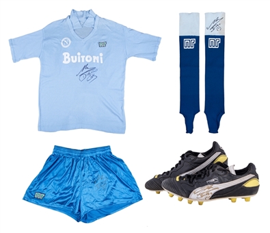 Diego Maradona Signed Napoli Full Uniform with (4) Items Including Shirt, Shorts, Socks and Cleats (Beckett PreCert)